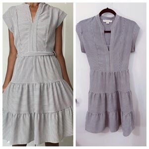 Monteau Seersucker Blue White Sleeveless Shirt Dress with Tiered Skirt NO BELT